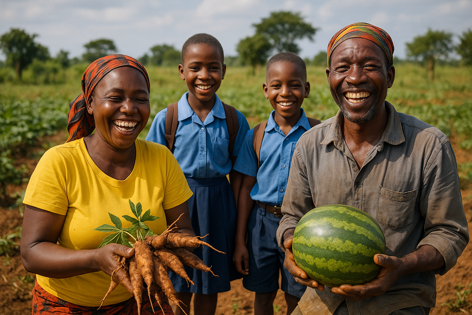 photographic happy family in rural africa children are wearing uniforms parents are farming holding their produce